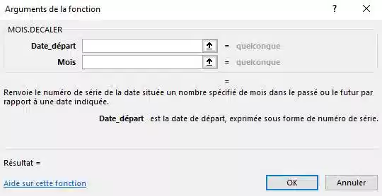 arguments fonction FIN.DECALER dans excel