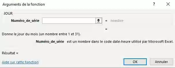 arguments fonction jour dans excel