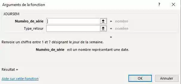 arguments fonction joursem dans excel