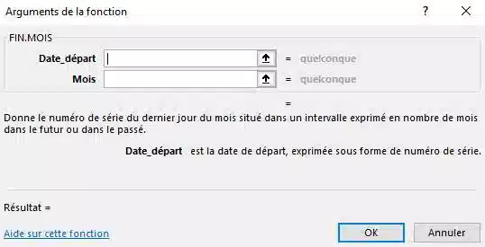 arguments fonction FIN.MOIS dans excel