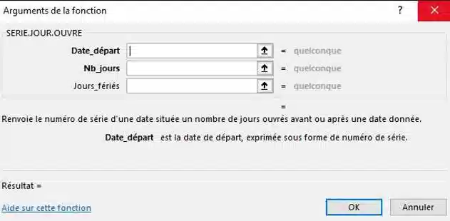 arguments fonction SERIE.JOURS.OUVRES dans excel