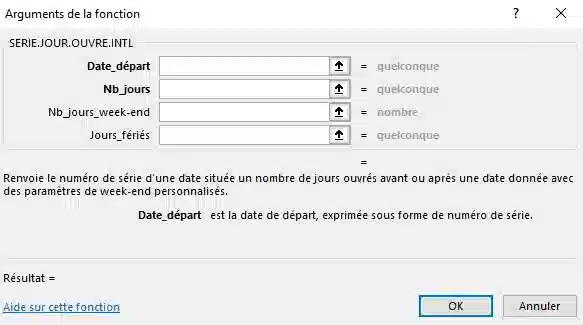 arguments fonction SERIE.JOURS.OUVRES.INTL dans excel