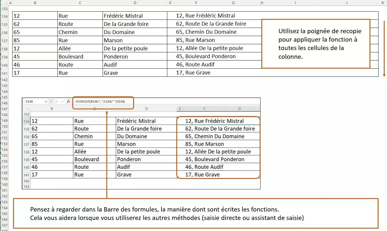 fonction concat concatener dans excel