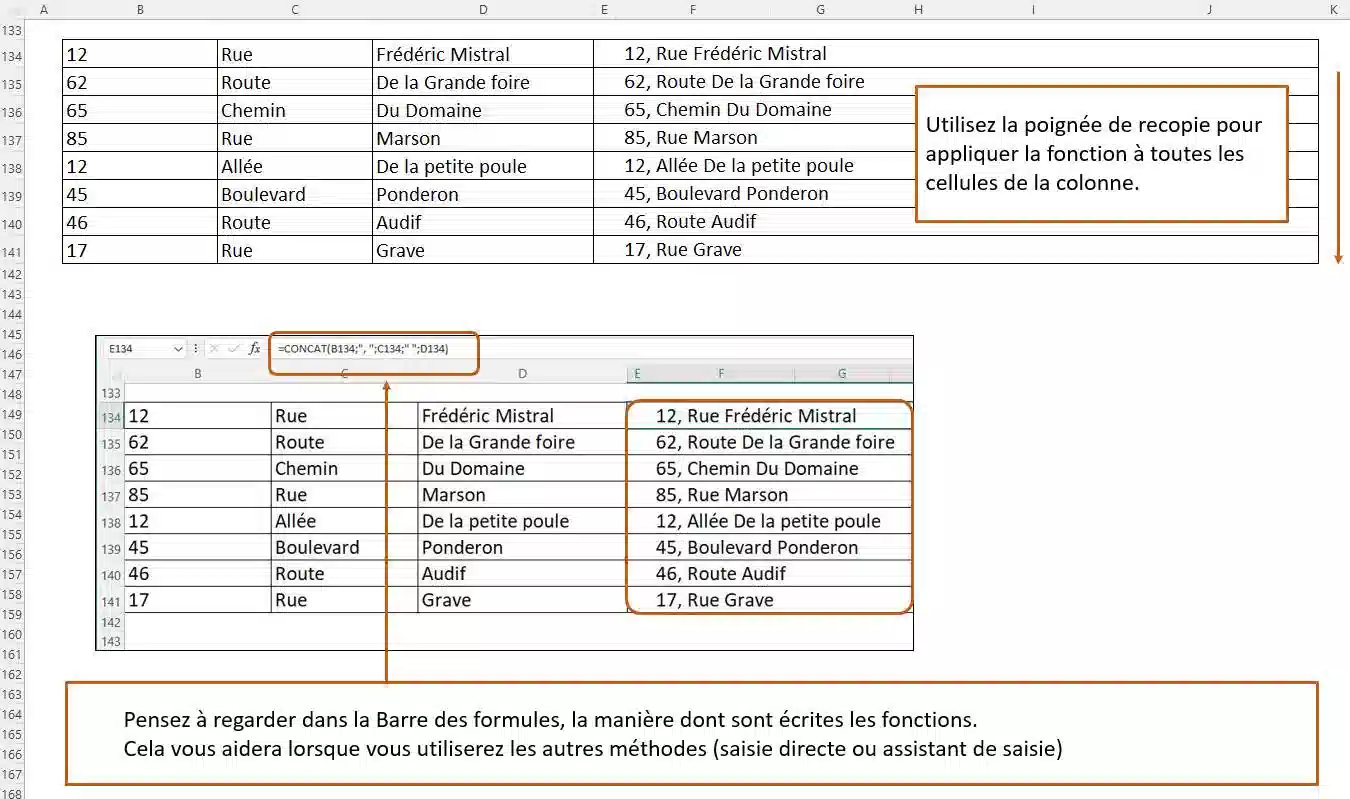 fonction de texte dans excel