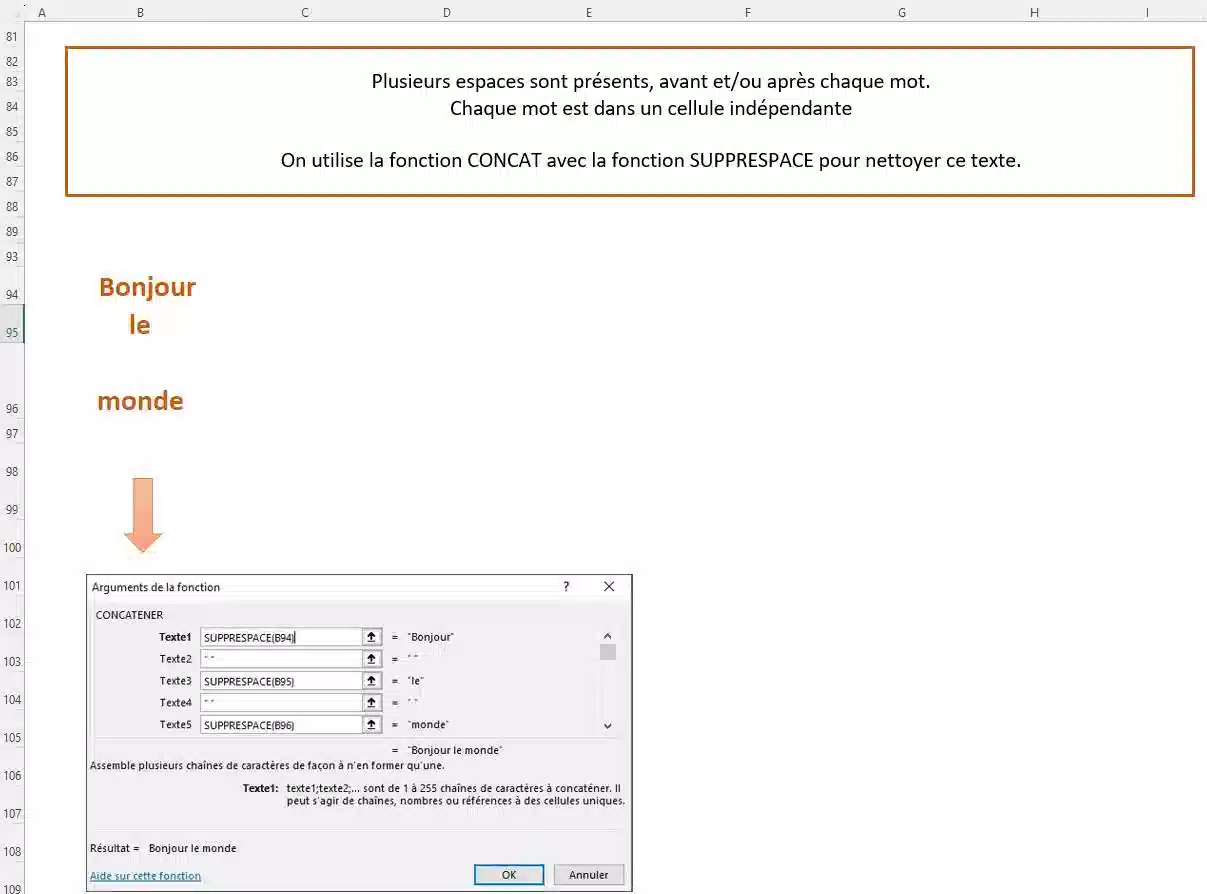 fonction de texte dans excel