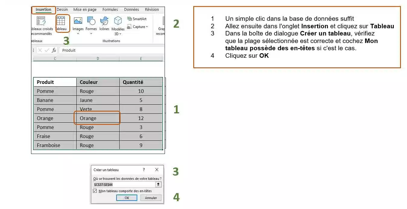 mode tableau et bdd excel
